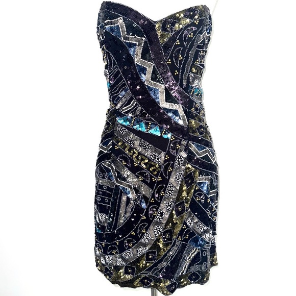 French Connection Strapless Sequin Dress - Black, Silver, Blue, Gold - Picture 1 of 9
